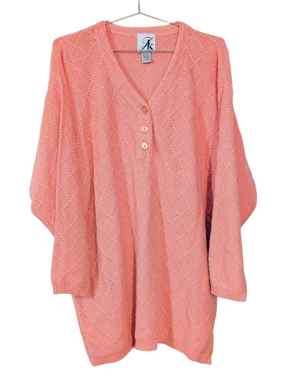 Bright Pastel Pink Knit Button V-Neck Tunic Sweater